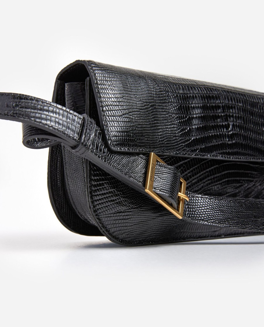 Tasker Og Tilbehor Flattered | Lillie Skuldertaske Laeder Black Lizzard